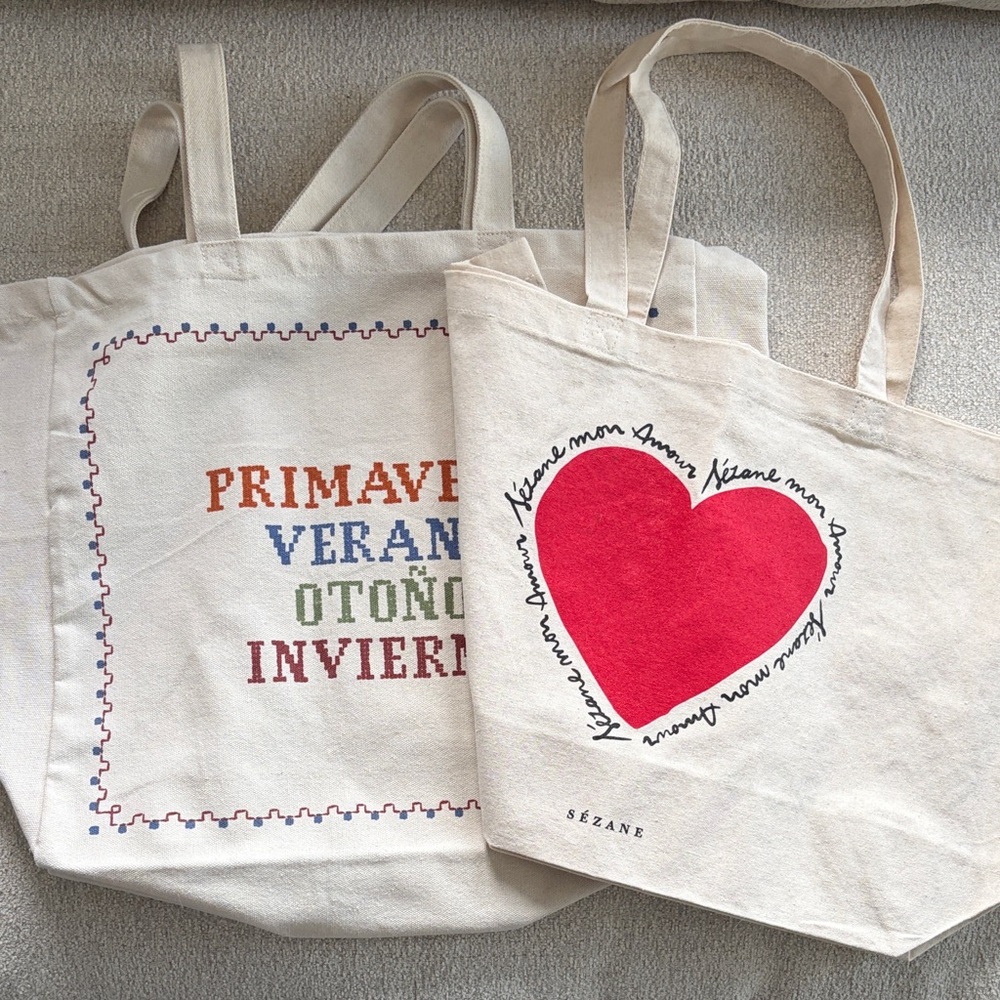 Sézane Canvas Tote with Red Heart and Multicolor Embroidery